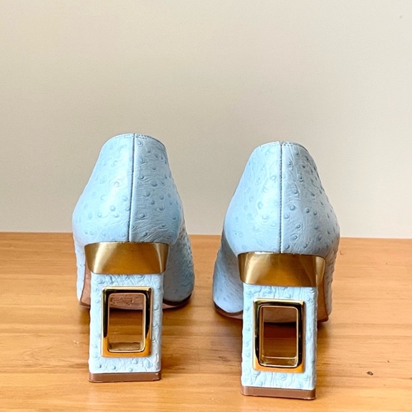 Vintage Timothy Hitsman Leather Powder Blue Square Toe Pumps Sz 7.5 - Picture 1 of 13